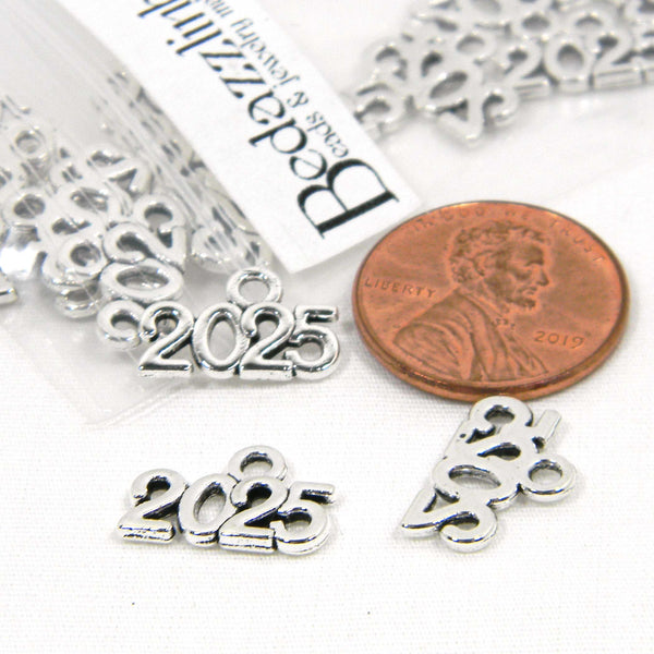 Small Antique Silver Plated 2025 Birth Date, Graduation, New Year Celebration Little Metal Charms with Loop~Sold Individually