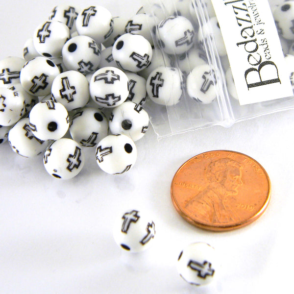 White & Black 8mm Round Plastic Acrylic Christian Engraved Cross Jewelry Craft Beads with 1.5mm Hole~Sold Individually