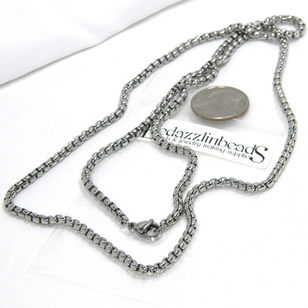 24 inch Long Hypoallergenic Stainless Steel Silver Venetian 3mm Thick Box Chain Necklace with Lobster Clasp ~ Sold Individually