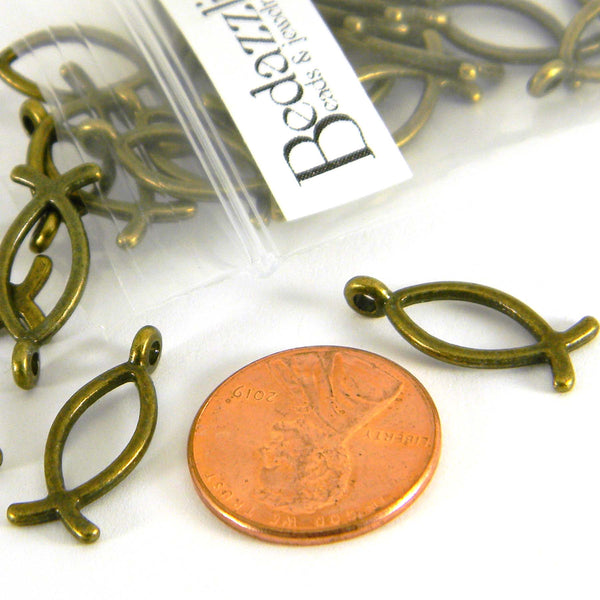 Antique Bronze Plated Metal 3/4 inch Christian Fish Passover Pendant Charms with Loop Ring Hole~Sold Individually