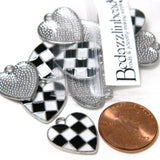 Black & White Checkered Racing Flag Heart Shaped Silver & Enamel Race Finish Silver Metal Charms~Sold Individually