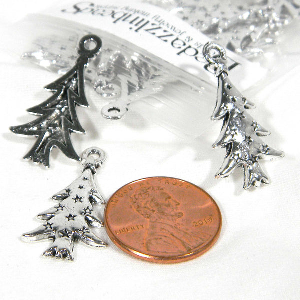 Antique Silver Plated Pewter Metal 1 inch Christmas Pine Tree Jewelry Pendant Charms with Engraved Stars and a Hanging Loop Hole~Sold Individually