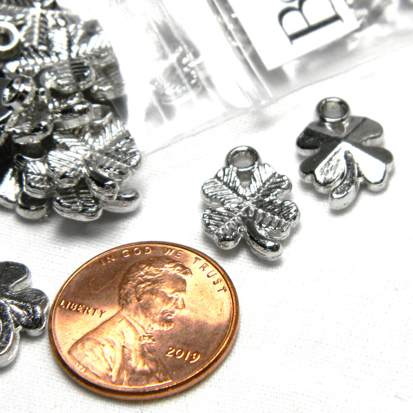Little 5/8 inch Silver Shamrock 4 Leaf Clover Small Plastic Acrylic St. Patrick's Day Charms / Pendants with 1.5mm Hole for Hanging~Sold Individually