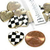 Black & White Checkered Racing Flag Heart Shaped Gold & Enamel Race Finish Golden Metal Charms~Sold Individually