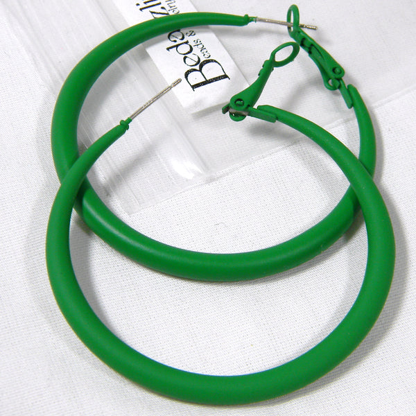 Big 2 inch Bright Matte Green Hoop Earrings with 925 Sterling Silver Post & Hinged Lever Back Closure~Sold Individually