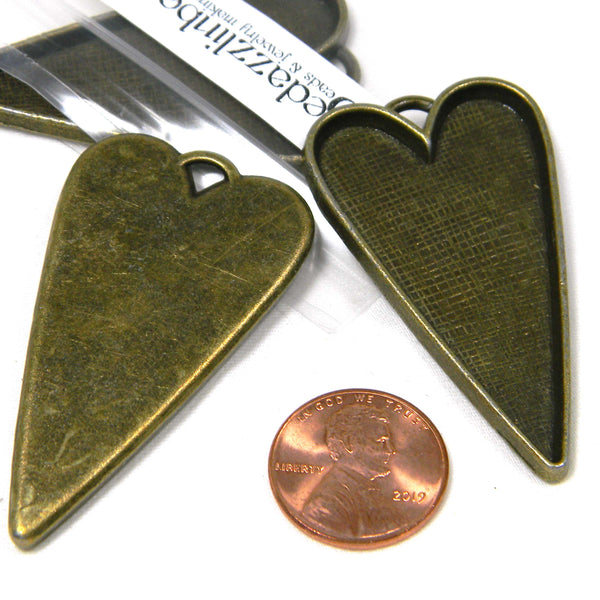 Big 2 inch (50mm) Long Skinny Heart Pendant Charm Findings with Embellishing Bezel Cup Setting with Hanging Loop~Sold Individually