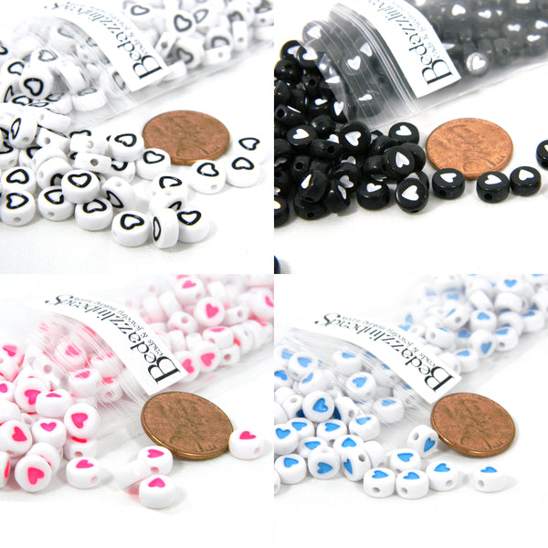 Plastic 7mm Round Flat 3.mm Thick Disc Acrylic Engraved Colored Heart Beads with Hole~Sold Individually