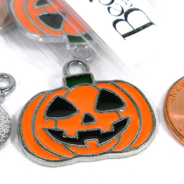 Flat Orange Pumpkin with Black Enamel Jack O Lantern Smiley Face Silver 3/4 inch Halloween Pendant Charms with Loop Ring~Sold Individually