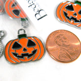 Flat Orange Pumpkin with Black Enamel Jack O Lantern Smiley Face Silver 3/4 inch Halloween Pendant Charms with Loop Ring~Sold Individually