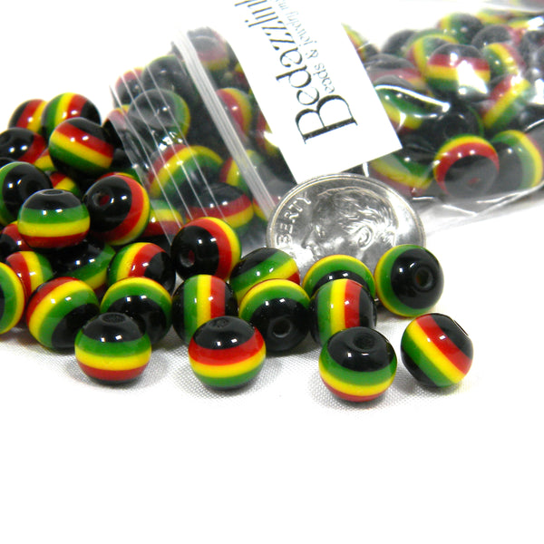 Striped Green, Gold Yellow, Red 8mm Round Jamaica Rastafarian Flag Round Resin Beads Reggae Style ~ Sold Individually
