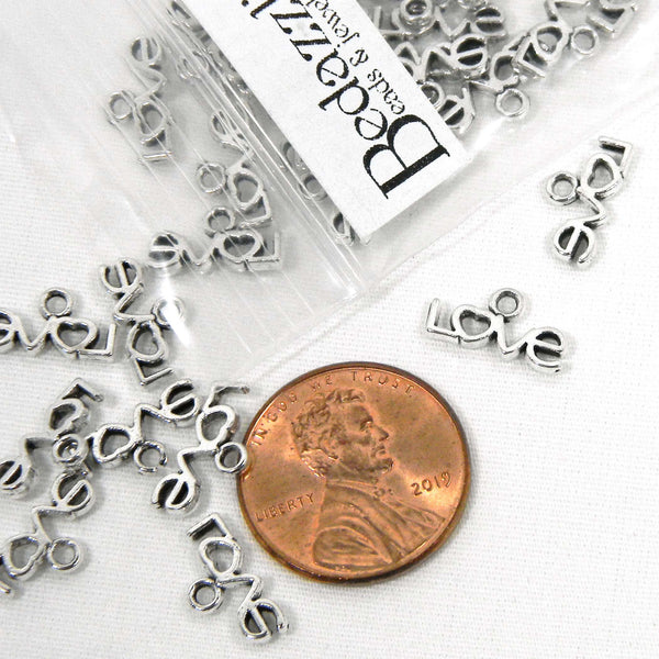 Little Antique Silver Love with Heart 1/2 inch Small Metal Word Charms with Ring Hole~Sold Individually