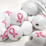 Big 15mm Chunky White Round Wooden Wood Beads with Pink Breast Cancer Awareness Ribbon with Heart~Sold Individually