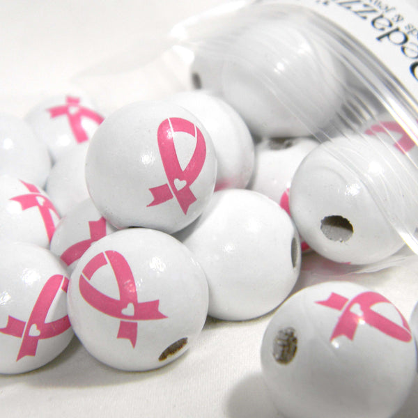 Big 15mm Chunky White Round Wooden Wood Beads with Pink Breast Cancer Awareness Ribbon with Heart~Sold Individually