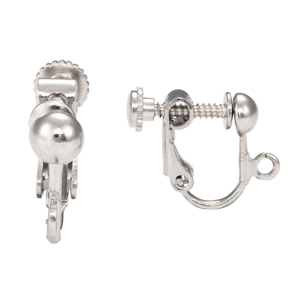 Platinum Silver Plated Brass Clip On Adjustable Screw Back Earring Findings with Half Ball & Open Loop for Charms / Dangles~Sold Individually