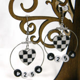 Handmade Big Silver Hypoallergenic Stainless Steel Checkered Flag Heart with Custom Race Car Number Earrings in Gift Pouch ~ Sold in Pairs
