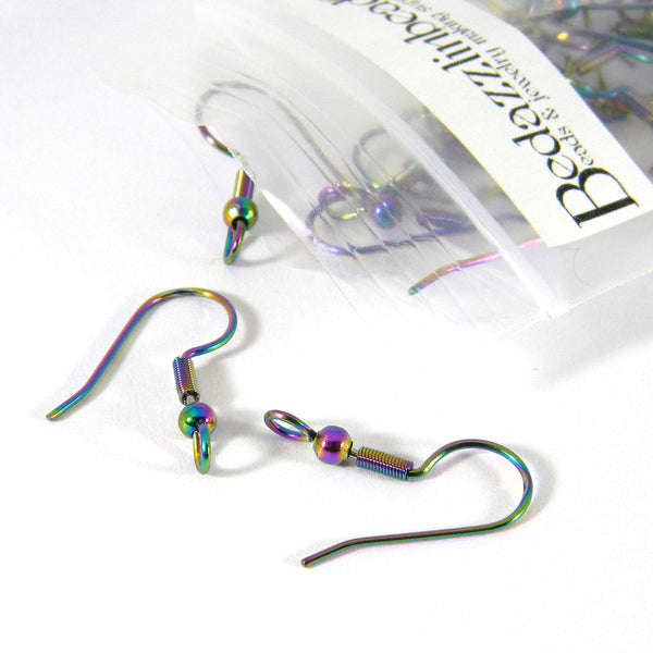 Rainbow Ion Plated 304 Grade Surgical Stainless Steel Ball & Coil Fish Hook Earring Findings~Sold Individually