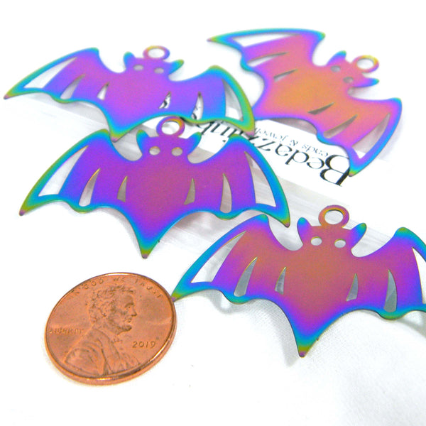 Big Rainbow Ion Plated Stainless Steel Thin Metal Halloween Vampire Bat Charms with Loop and purple, green, blue, pink+ Changing Colors~Sold Individually