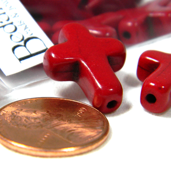Crackled Antique Style Synthetic Red Turquoise Stone 3/4 inch Sideways Cross Beads with 1.5-2mm Hole~Sold Individually