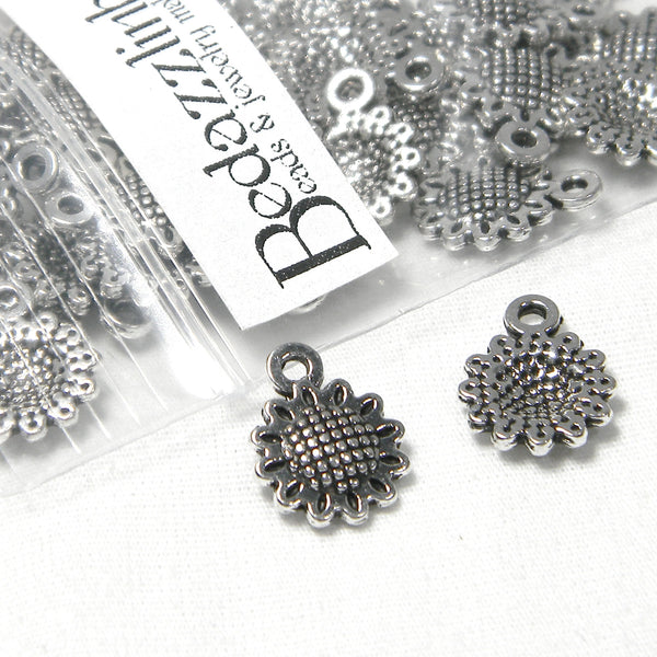 Antique Silver Metal Little 1/2 inch Sunflower Basket Weave Flower Charms with Hole for Earrings, Necklace, Bracelet  Jewelry With Antiqued Finish~Sold Individually
