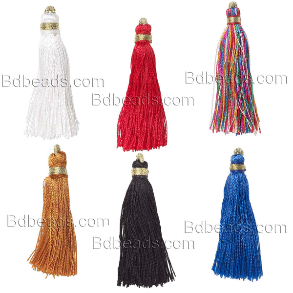 Little 2 Inch Long Colorfast Imitation Silk Fabric Tassel Charms with Gold String Wrapped Copper Loop for Hanging~Sold Individually
