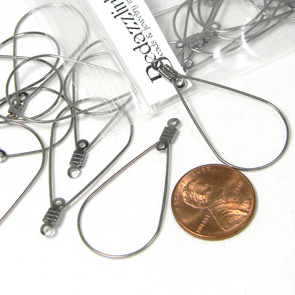 Stainless Steel 1 1/2 inch Silver Metal Teardrop Chandelier 21 Gauge Wire Beading Hoop Earring Findings with 2 Holes for Charms~Sold Individually