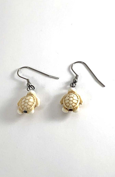 Pair of Stainless Steel Antiqued Carved Ivory Stone Sea Turtle Hook Earrings