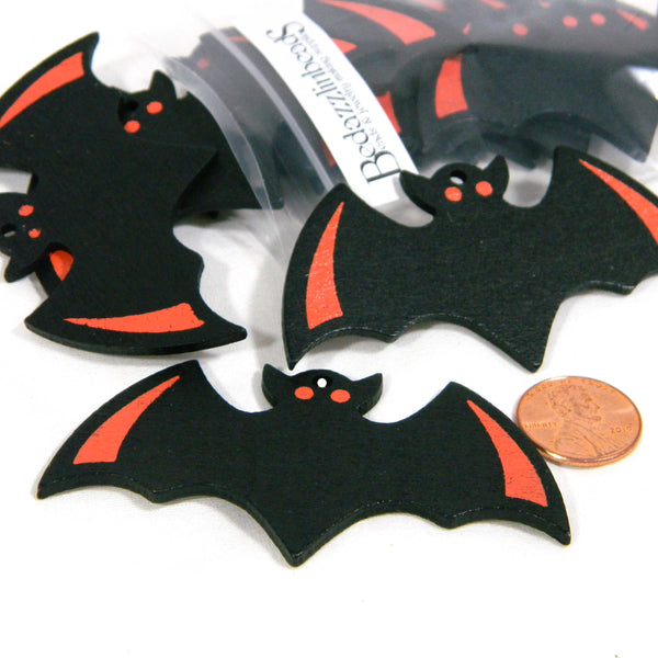 Big Matte Black & Orange 3 inch Wingspan Spooky Vampire Bat Wood Halloween Pendant Charms with a 2.5mm Hole~Sold Individually