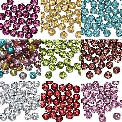 Rose Shaped 8mm Plastic Metallic Coated Acrylic Rosebud Flower Beads~Sold Individually