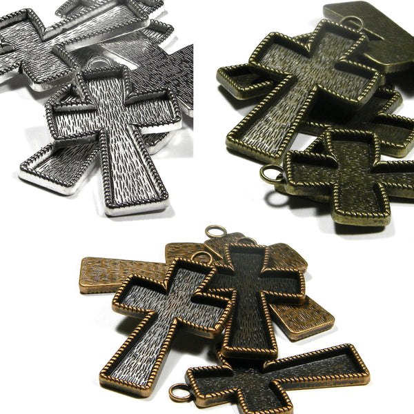 Big Antique Plated Cross Pendant Charm Finding with Embellishing Bezel Cup Setting~Sold Individually