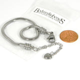 304 Grade Surgical Stainless Steel Silver European 3mm Snake Chain Add Beads Charm Bracelet with Screw off End & Adjustable Extension with Heart~Sold Individually
