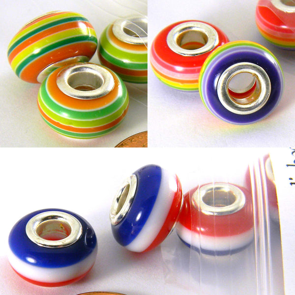 Big 14mm Striped Resin Bright Colored European Stripe Beads with a Large 4.7mm Silver Core Hole~Sold Individually