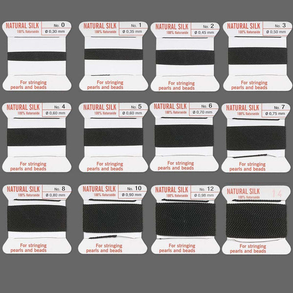 2 Meters Black Griffin Silk Thread String with Attached Needle, Cord for Stringing Beads & Pearls Sizes #0 - #14~Sold Individually