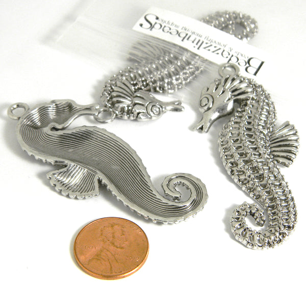 Big 2 1/2 inch Antique Silver Seahorse Ocean Fish Pendant Charms with a Textured Pewter Base Metal~Sold Individually